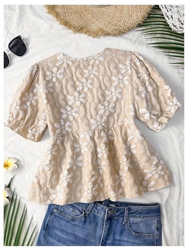 Women’s Short Sleeve V Neck Floral Blouse Tie Front Medium Apricot Floral