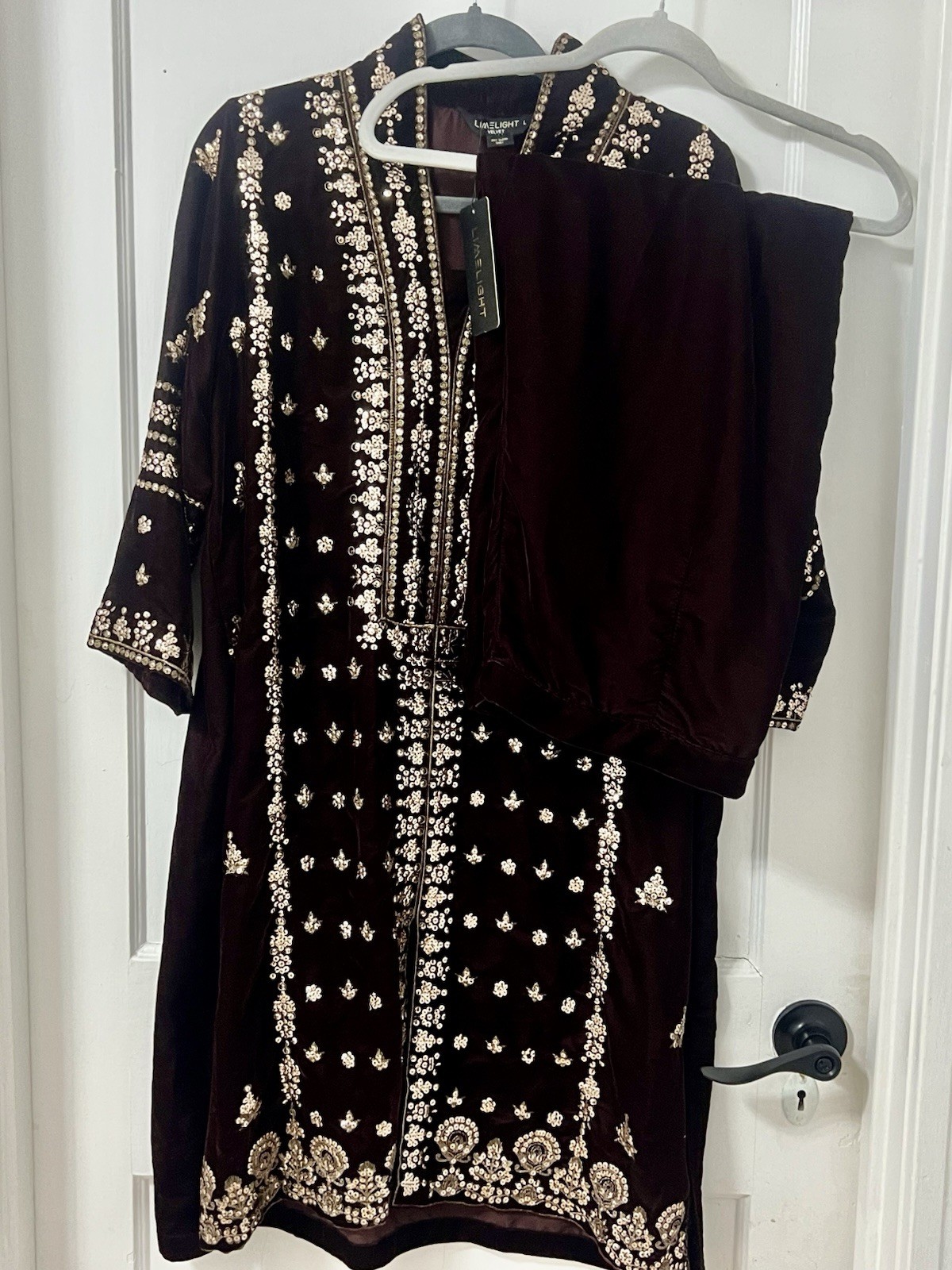 LIMELIGHT Brown Embroidered Velvet Salwar Kameez Dupatta for Women L