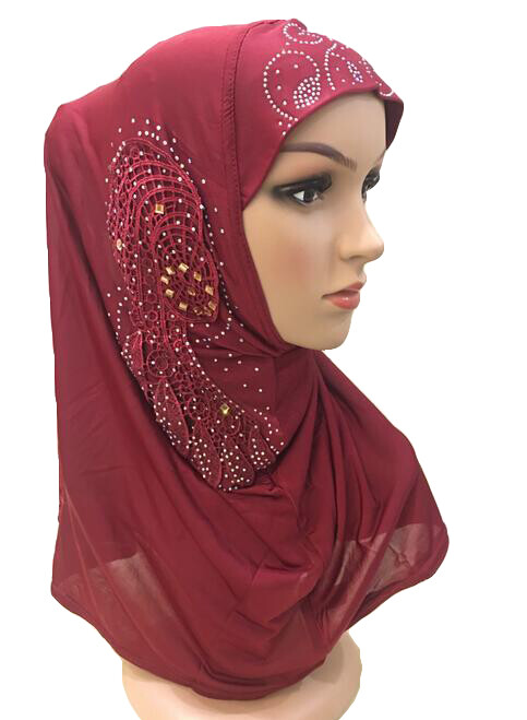 One Piece Muslim Women Hijab Flower Islam Hot Drilling Scarf Al Amira Headscarf