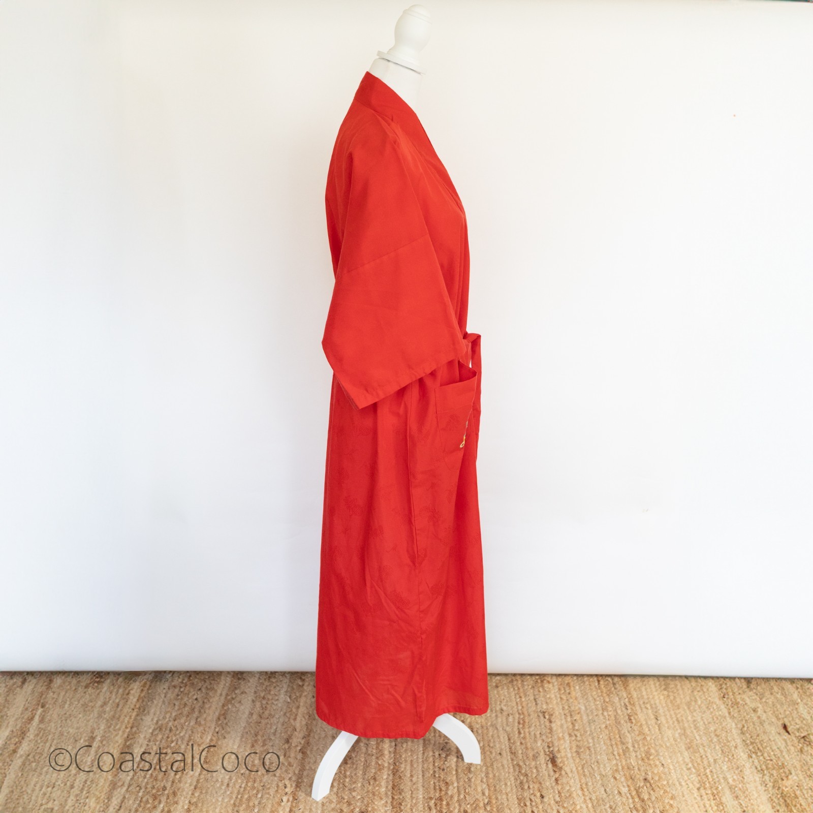 Vintage Health L Chinese Phoenix Peony Embroidered Robe Kimono Red Jacquard
