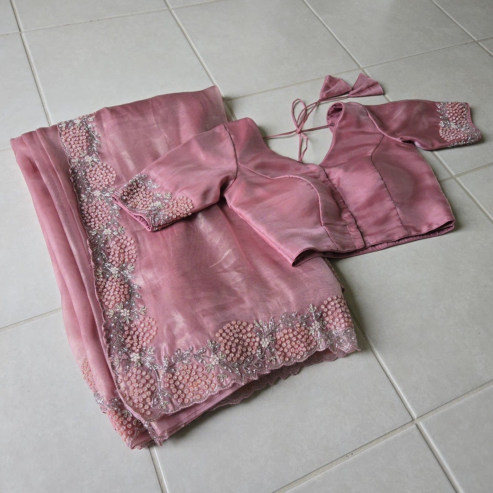 3 Pc Ready to Wear M Modern Soft Organza Saree Shiny Pink Stitched Blouse