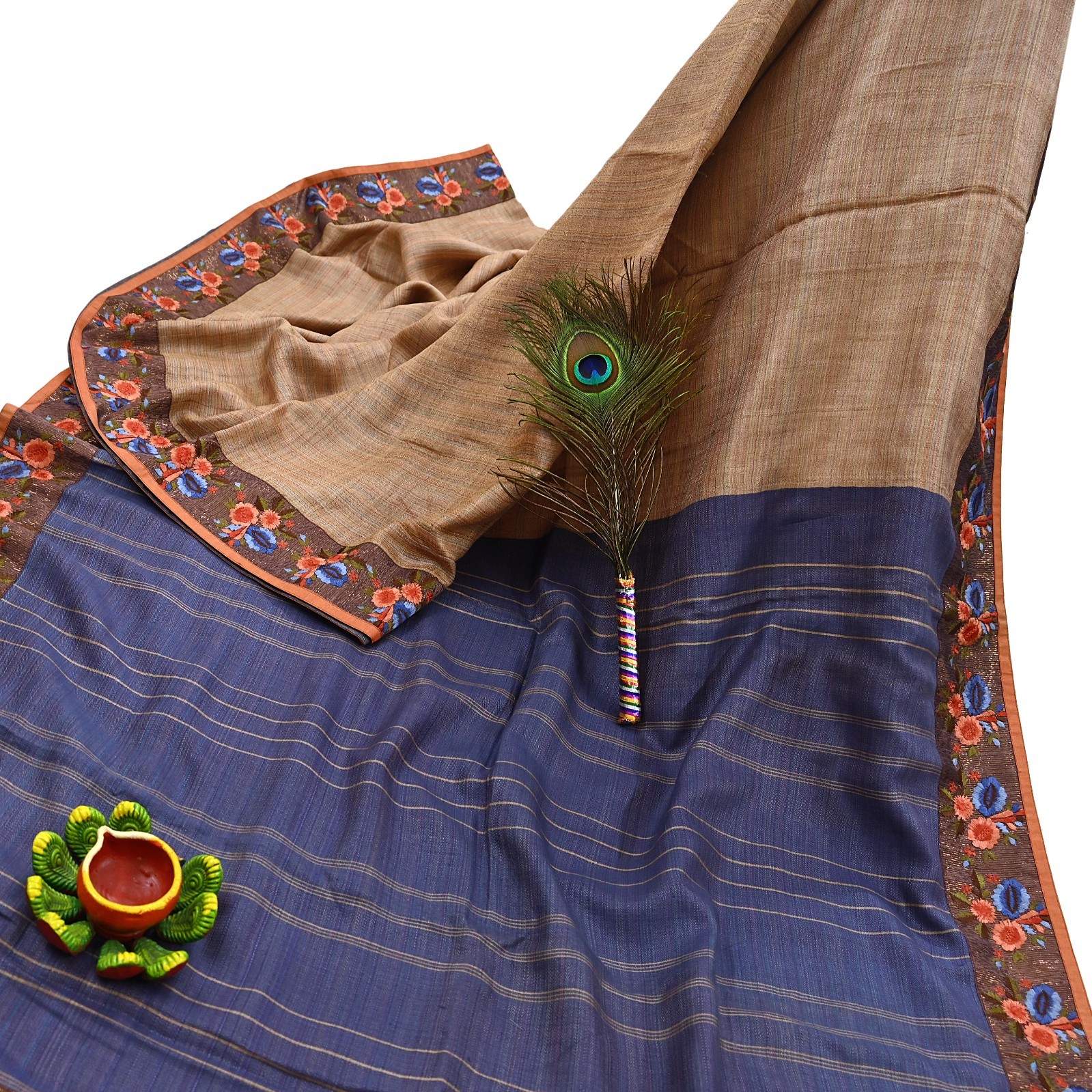 Vintage Blue beige Green Wool Saree Indian Pure Wool Floral Woven Fabric 5 Yard