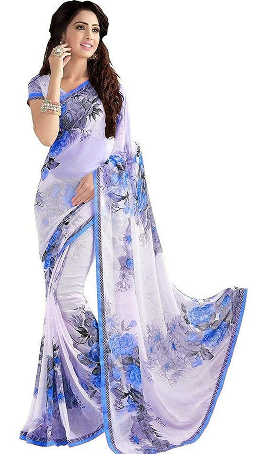 Women’s Georgette Flower Printed Plain Weave Saree with Un-stitched Blouse Piece