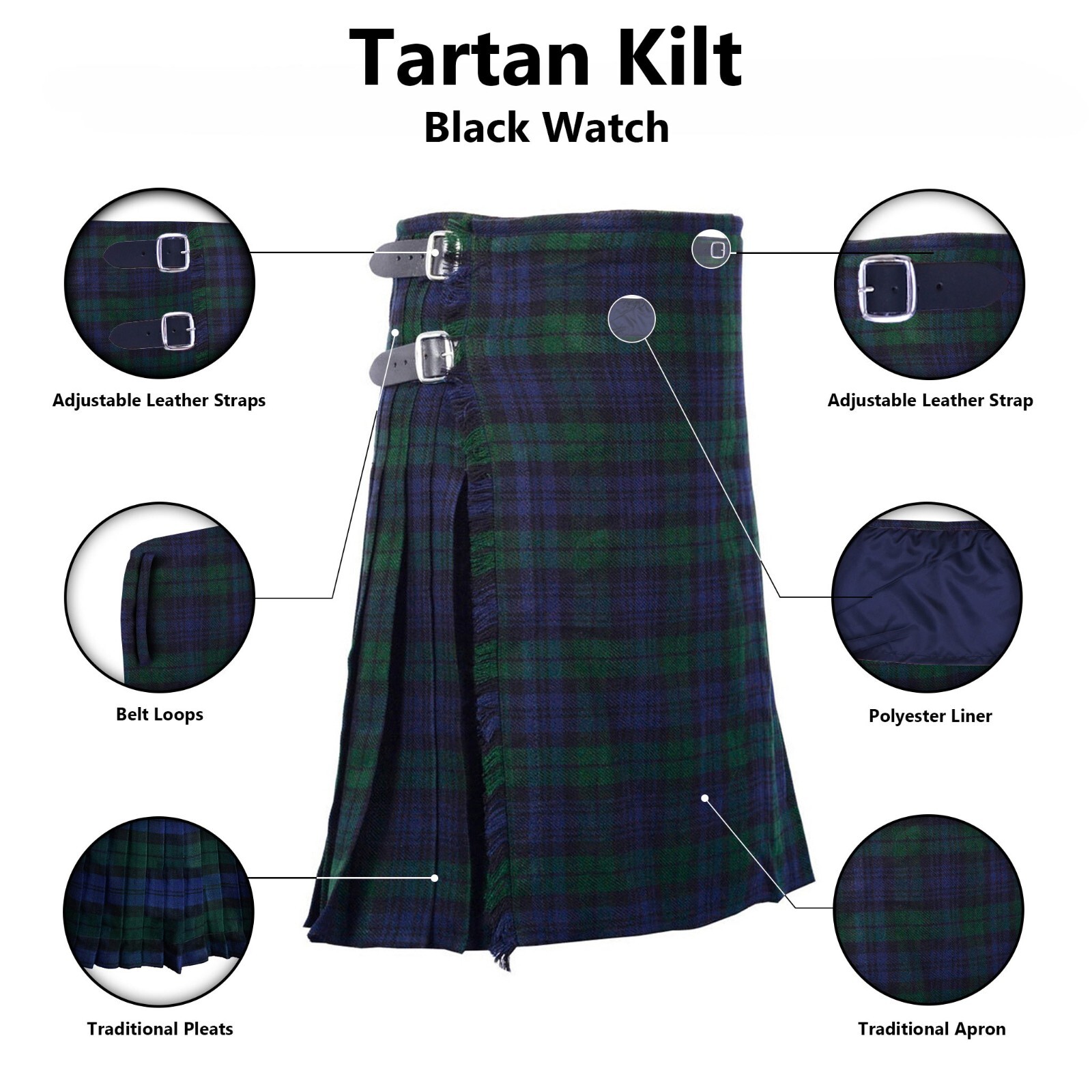 Highlander Tartan Kilt Black Watch 8 Yards 6 Pieces Kilt Package Outfit
