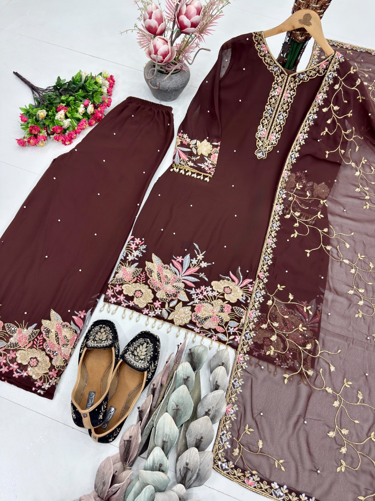 Wine Color Ready To Wear Faux Georgette Salwar Kameez Wedding Party Ethnic Suit