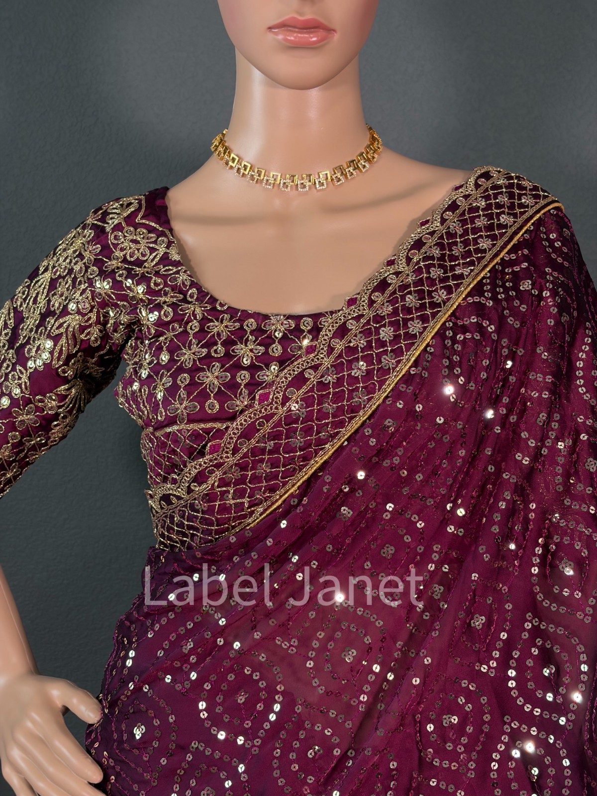 Wine Purple Sequin Party Wear Saree with Stitched Blouse (36-42″)