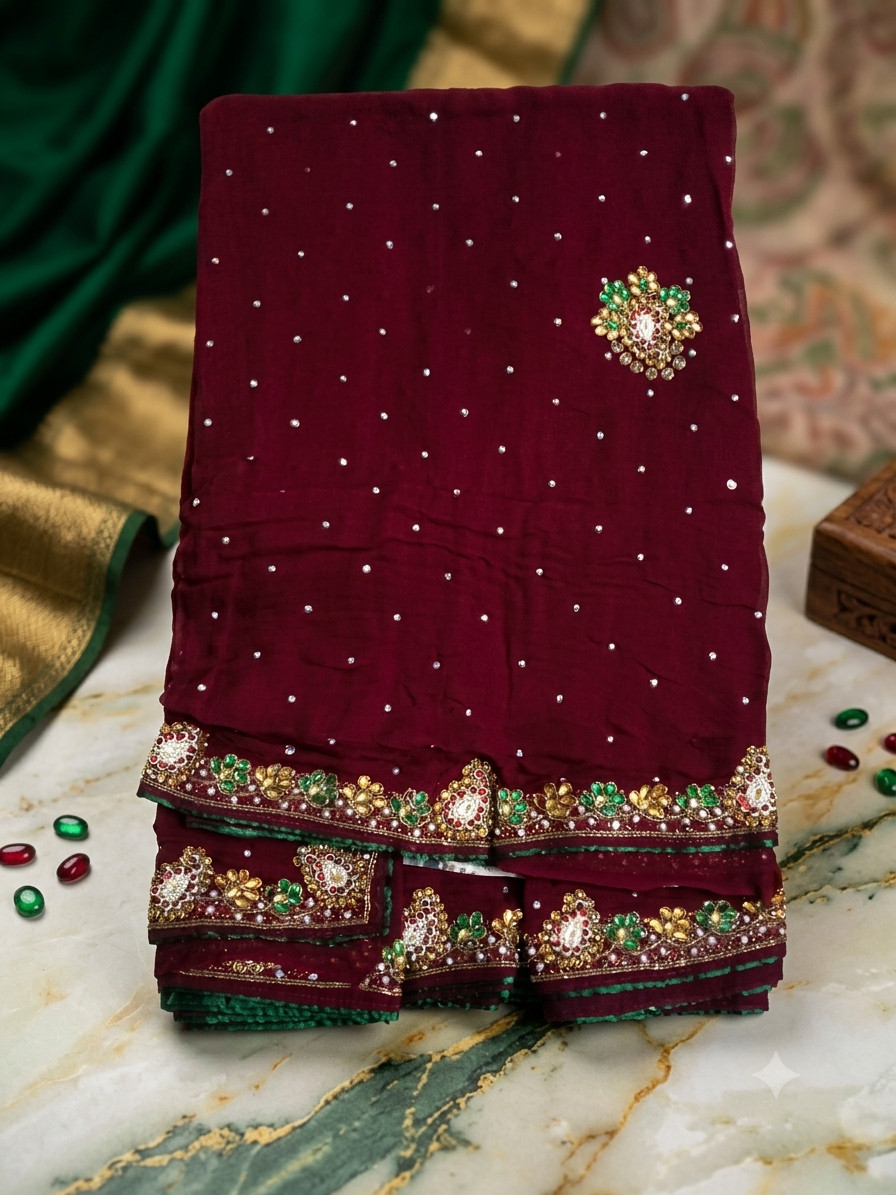 Women Maroon Pure Georgette Handwork Saree with Unstitched Blouse Piece