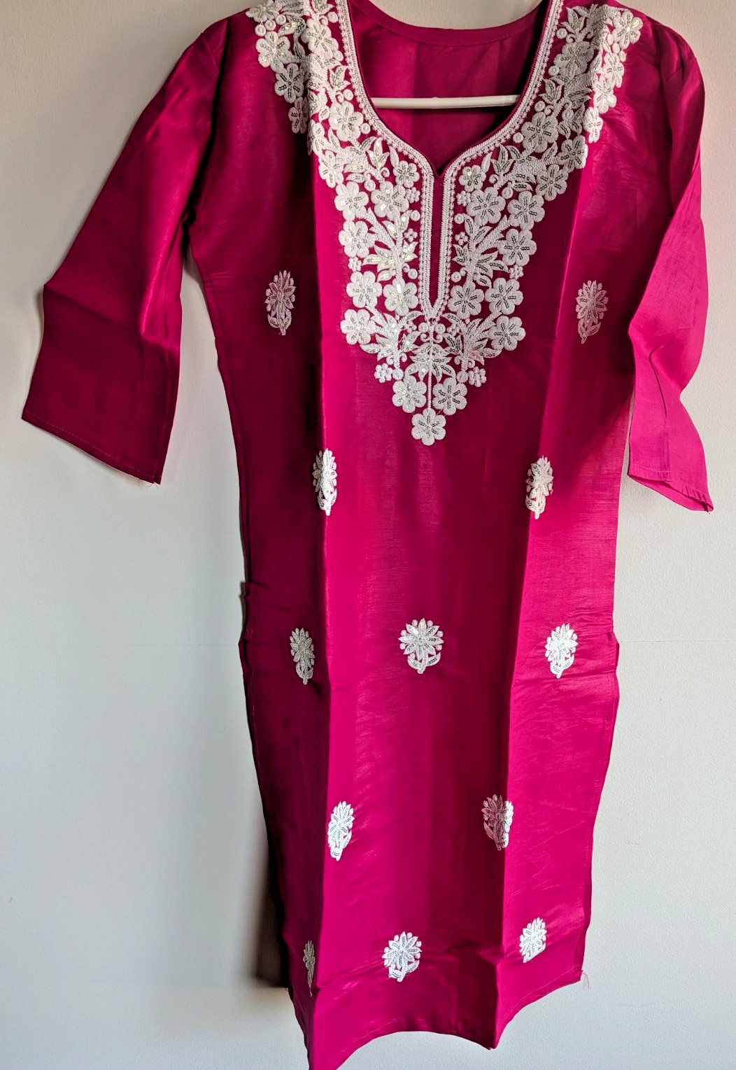 Kurta Top Tunic Silk Blend Thread Seqin Embroidered U-Neckline Pink 36″ x 20″