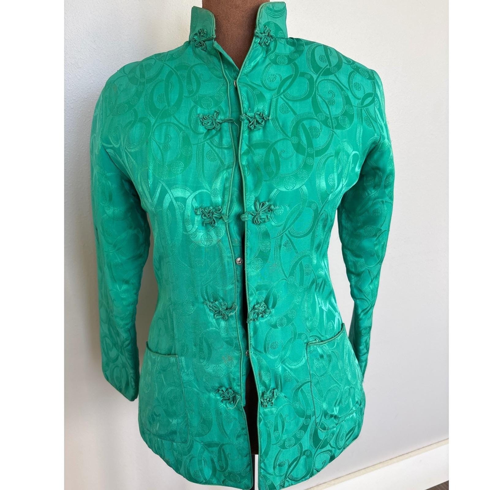 Vintage Peony Brand Chinese Mandarin Collar Jacket Asian Frog Button Silk Blend