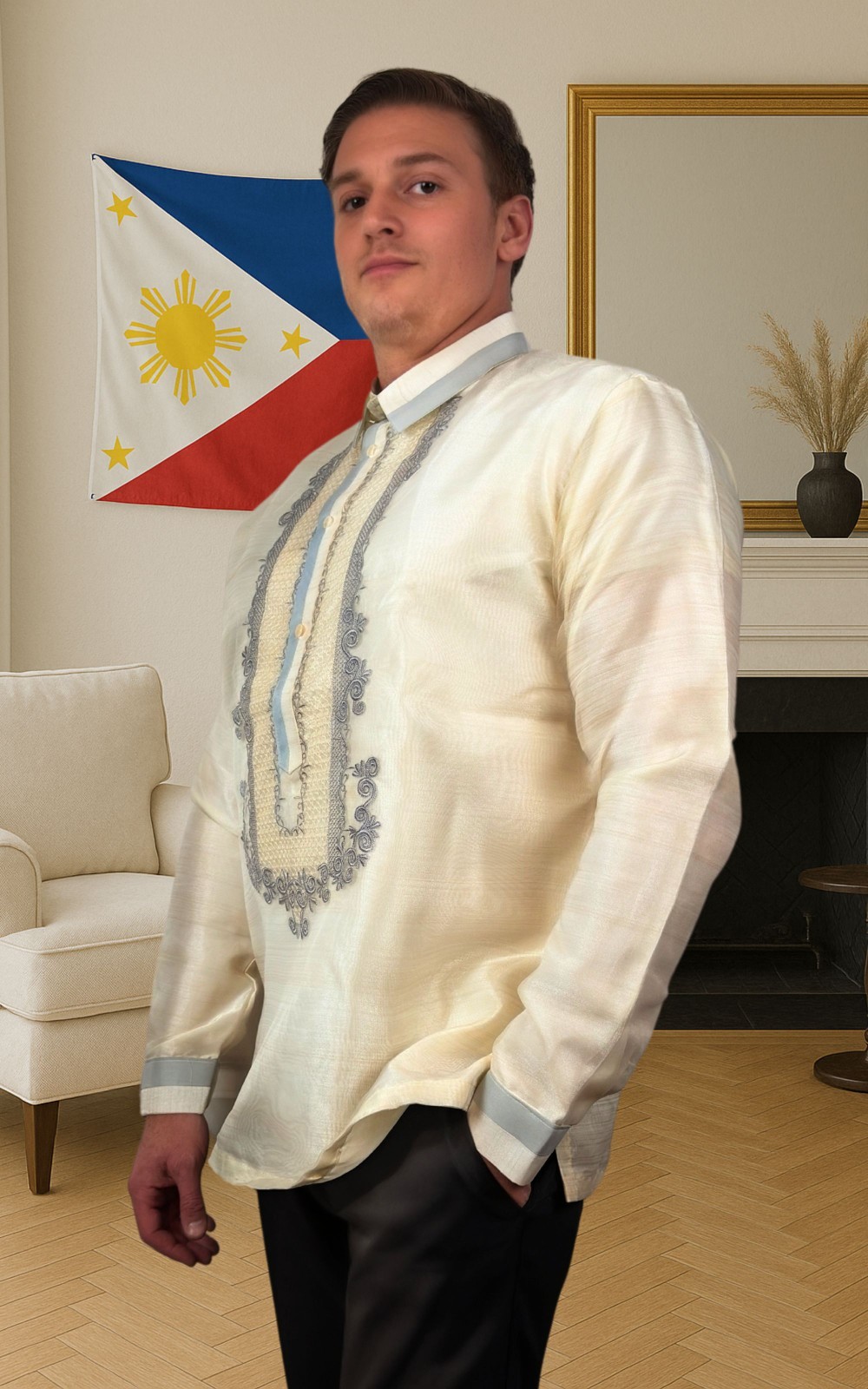 White and Gray Long Sleeve Organza Barong Tagalog ORDER US SIZE