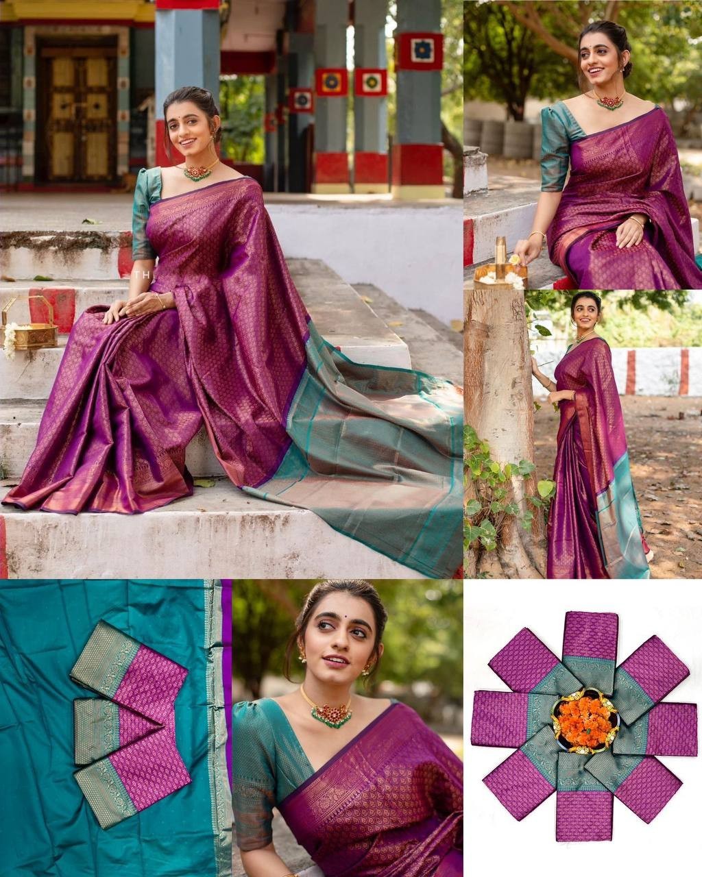 Indian Wedding Saree Soft Lichi Silk Purple Jacquard Work Saree Blouse