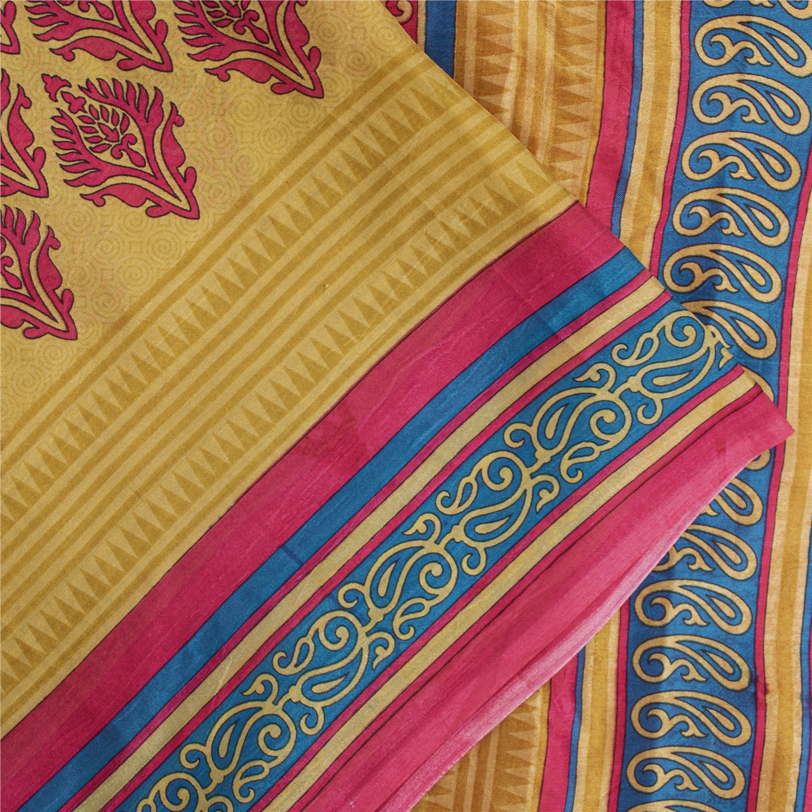 Sanskriti Vintage Sarees Pink & Cream Pure Silk Printed Sari 6+Yd Craft Fabric