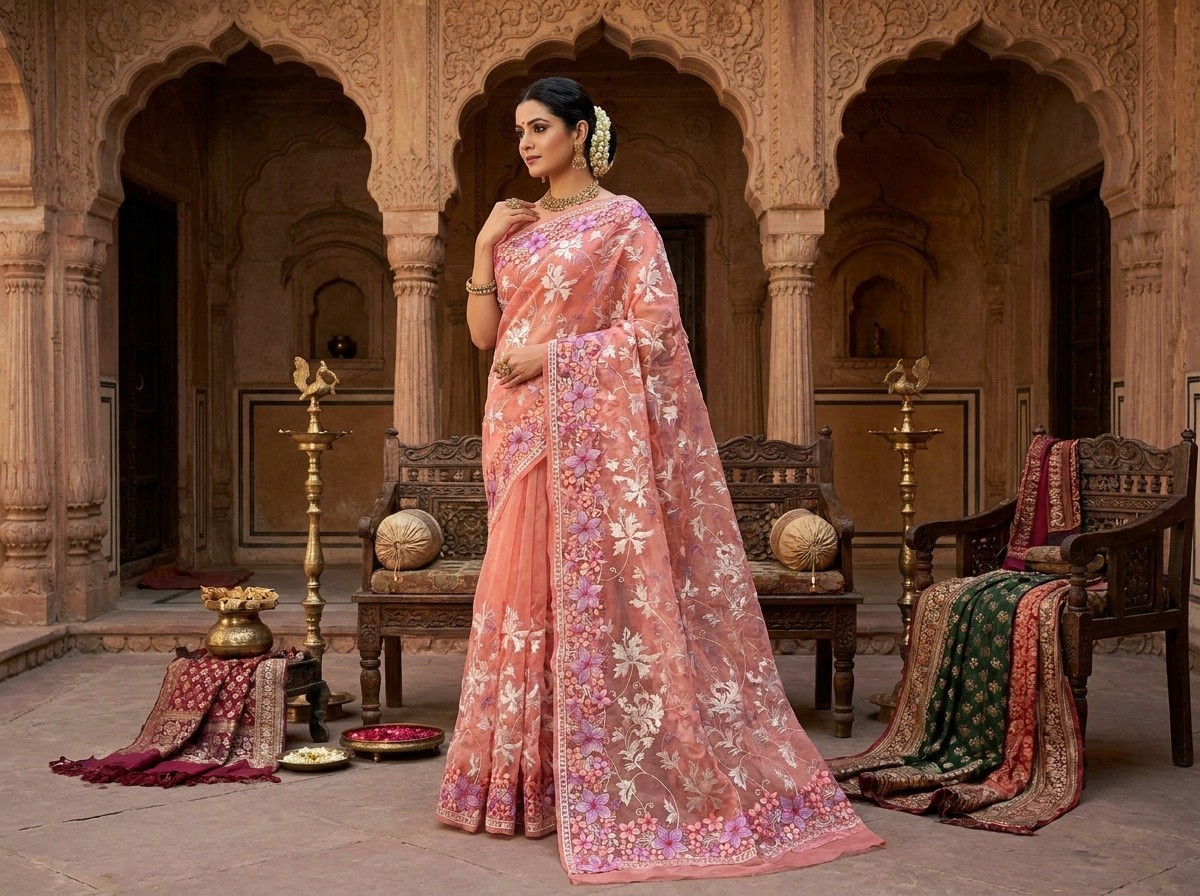 Organza Muslin Embroidery Saree – Elegant Floral Work, Soft Lightweight
