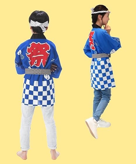 Matsuri Happi Coat KIDS 2-13year Blue 3pcs. Set Japanese Festival Kimono Jacket