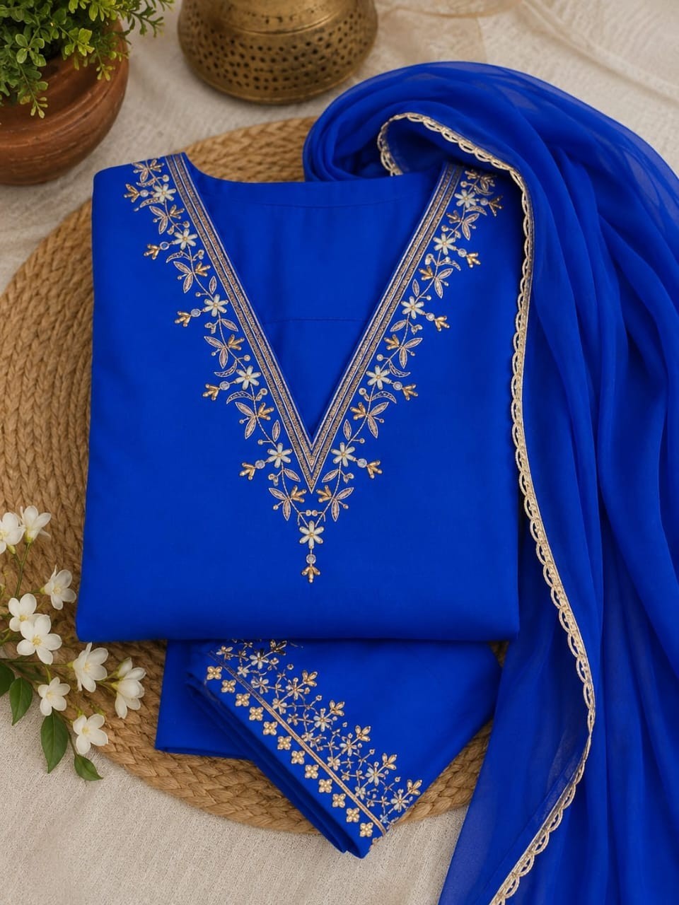 Women’s Hand Embroidered Blue Palazzo Suit Set Custom Stitch Ethnic Wear
