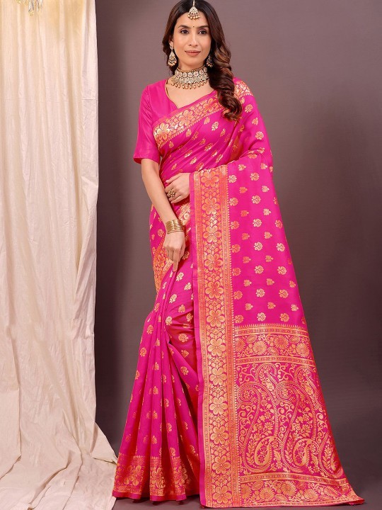 Ethnic Motifs Woven Design Zari Kanjeevaram Saree Pink & Gold Tone Free Shipping