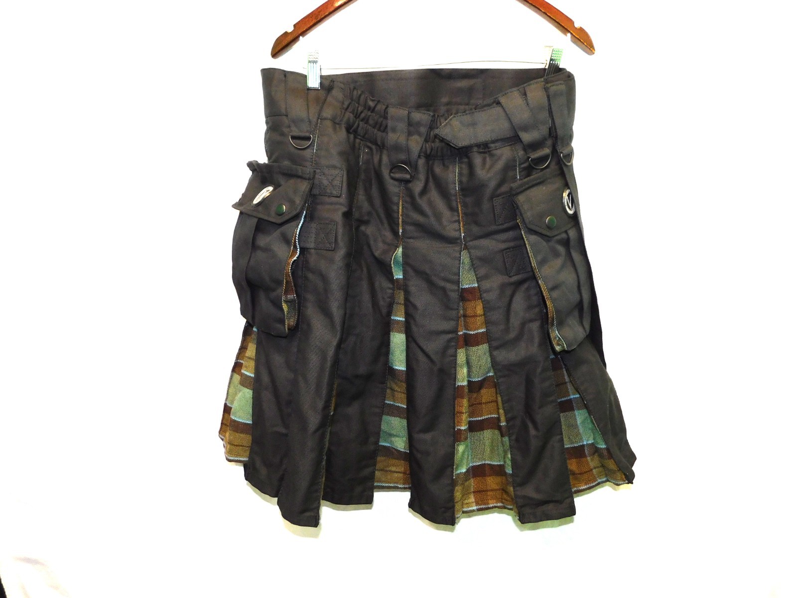 Verillas Black Green Plaid Kilt Pleated Scottish Mens OS One Size Utility
