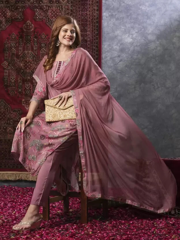 Women Cotton Rayon Kurta Pant Dupatta Set Indian Designer Ethnic Kurti Set Dress