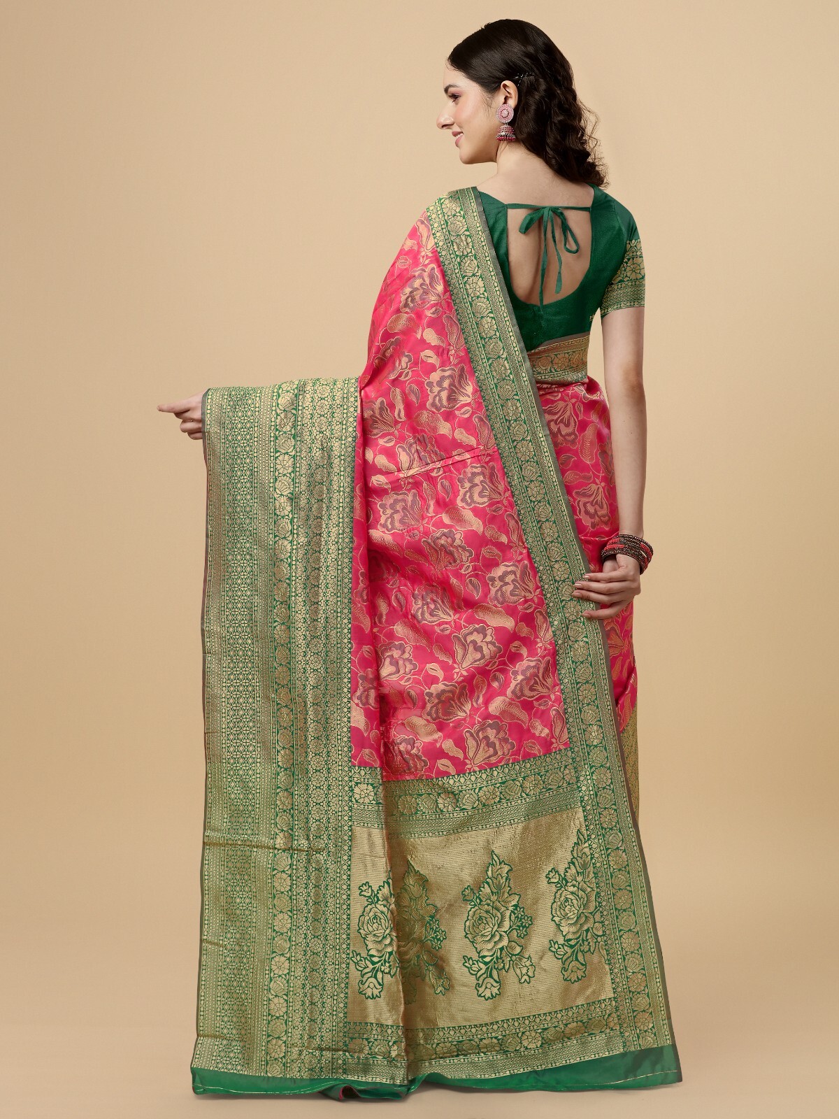 Areca Designer Pink Pushpa Silk Bunarasi saree blouses women Saree cut-5.5 meter