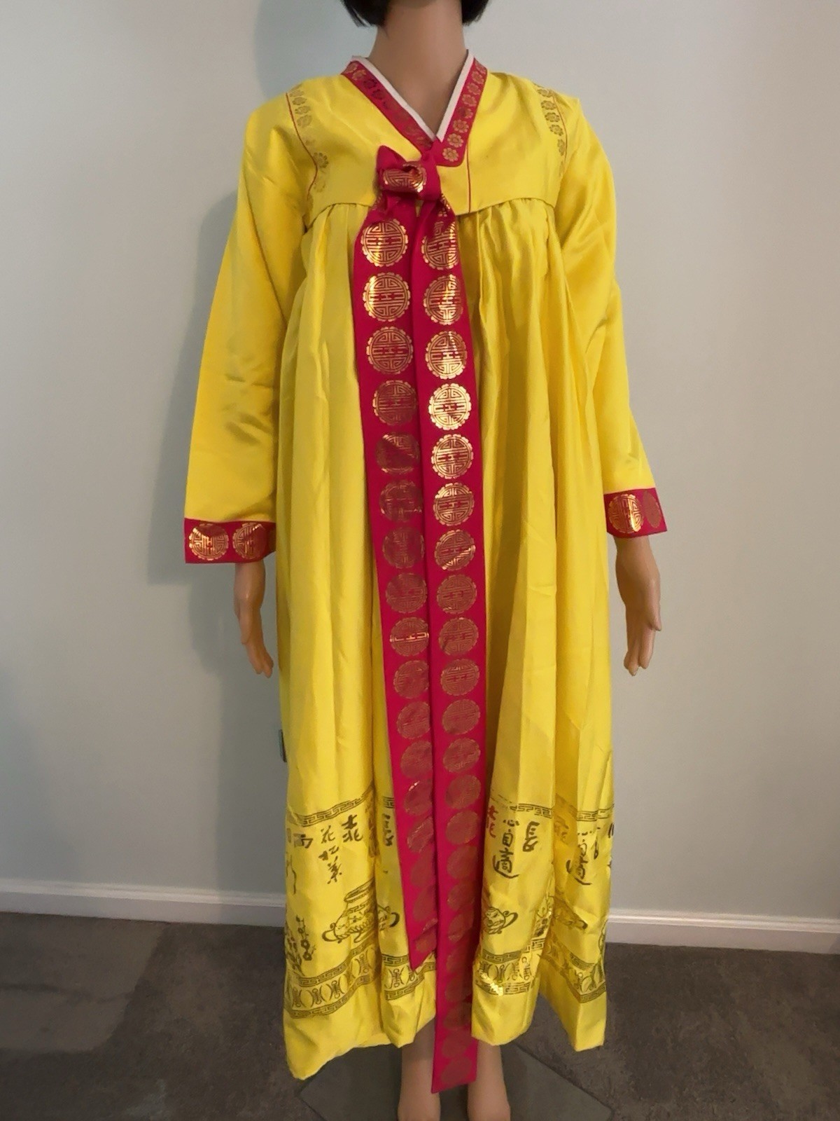Korean Hanbok Dress Womens Red Yellow Gold Accents