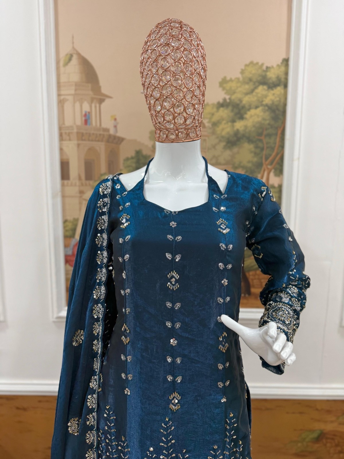 Women’s Fendy Satin Kurti Palazzo Set with Dupatta Embroidered Beads Work