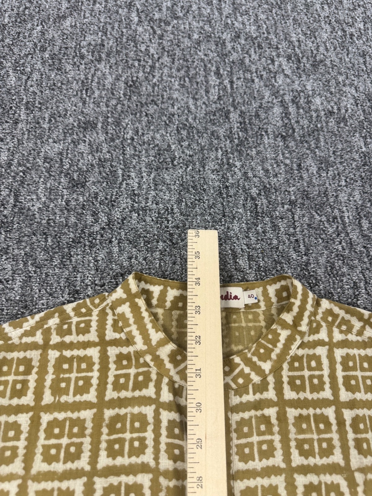 Fabindia Shirt Men 40 Large Olive Green Geometric Indian Henley Kurta Tunic Top