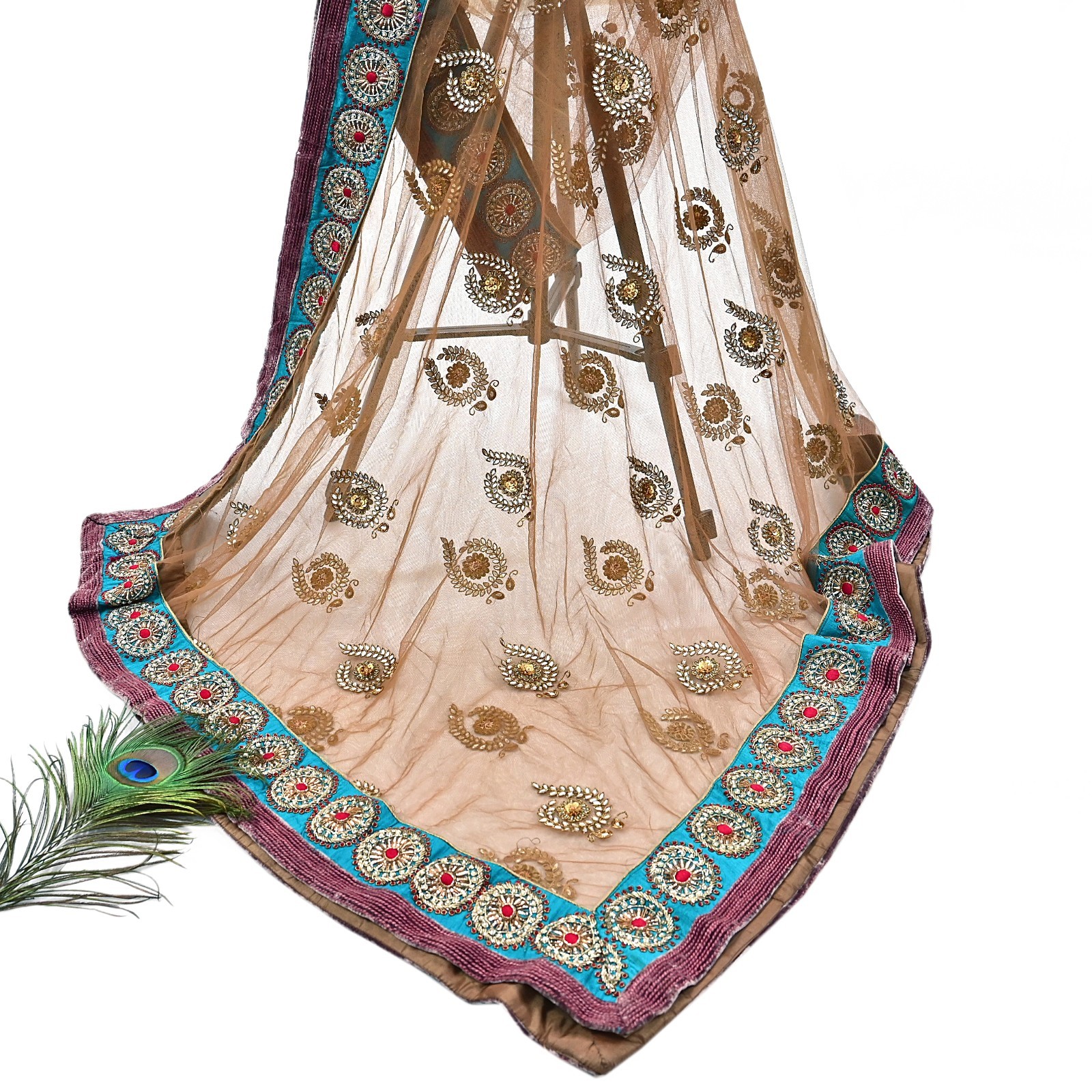 Indian Vintage Heavy Brown Net/Mesh Hand Embroidered Designer Dupatta