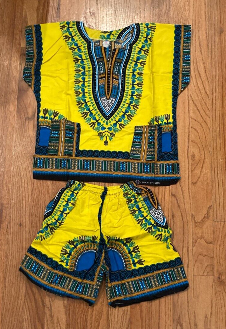African Dishaki UNISEX KIDS Yellow, Blue & Black Size XL EMCHIT #6669