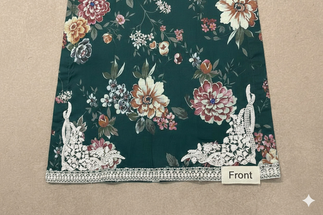 Elegant Green Floral Printed 3-Piece Suit with Embroidered Dupatta | Size Medium