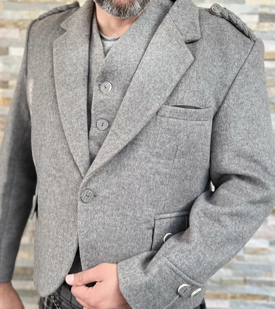 Men’s Grey Wool Argyle Kilt Jacket With Waistcoat Scottish Wedding Kilt Jacket