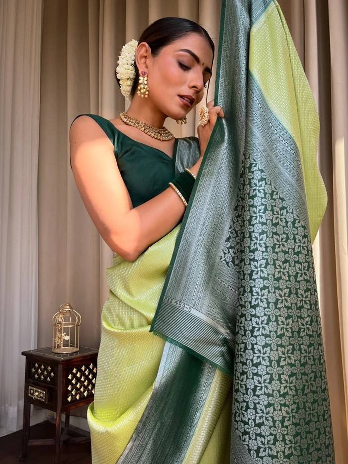 Indian Saree Soft Lichi Silk Green Jacquard Wedding Wear With Brocade Blouse