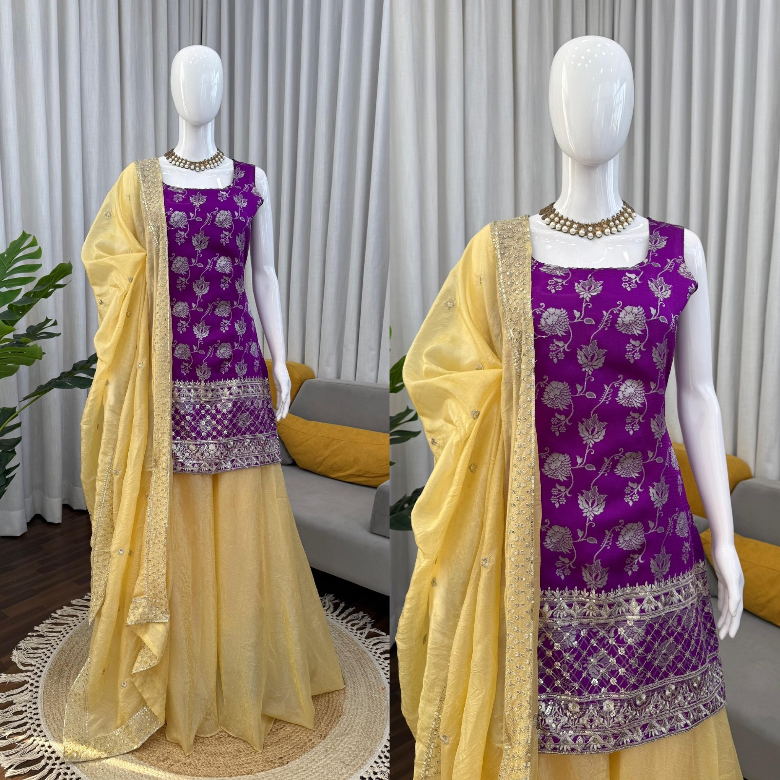 Purple and golden sharara suit with dupatta set for wedding and festive wear