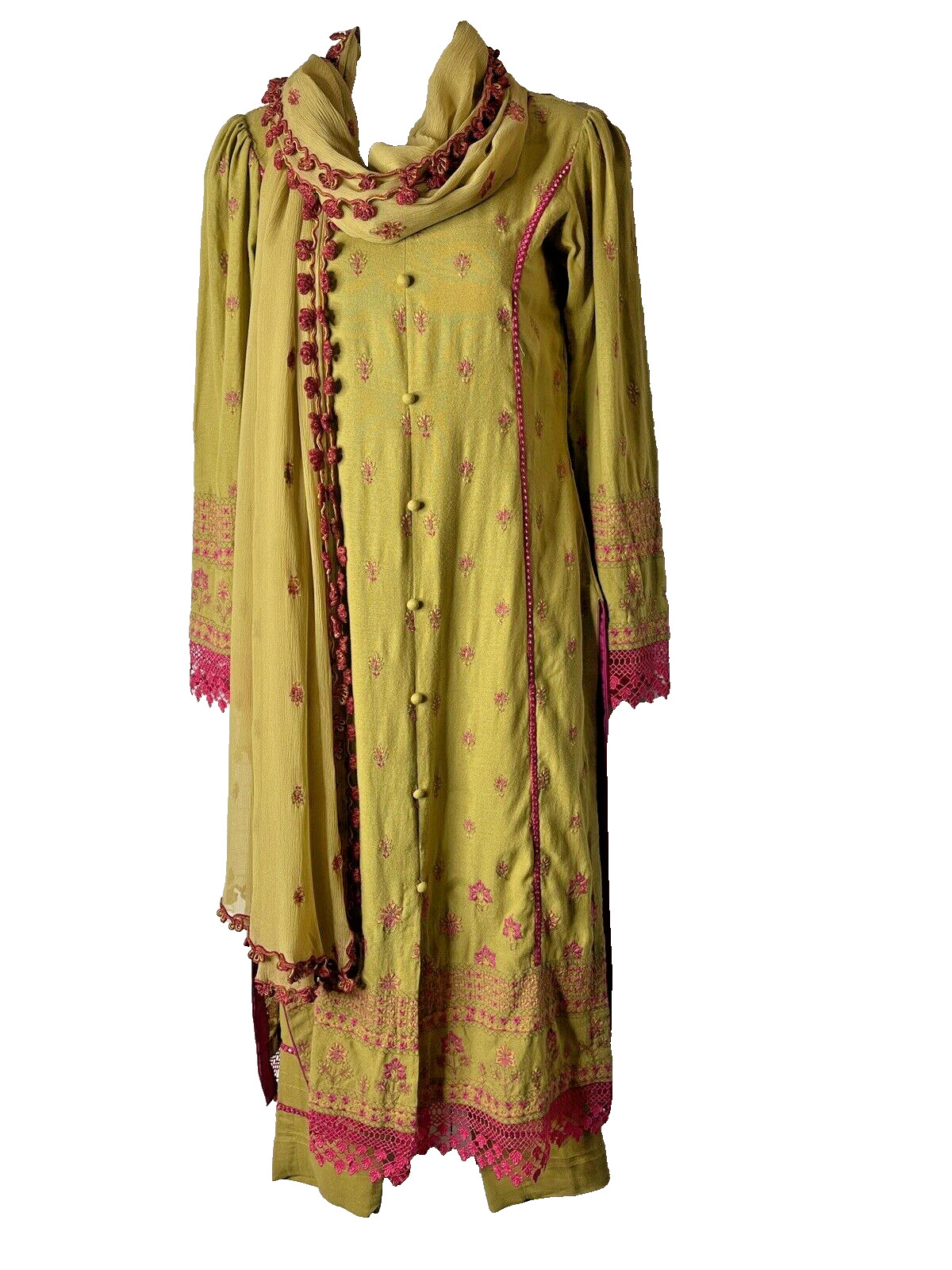 Embroidered Kurta Set Pants & Dupatta Shawl Scarf Olive Green Pink Size XS