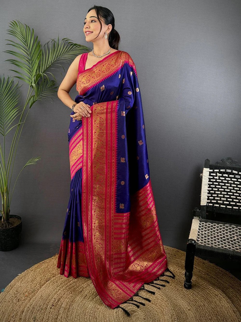 Women Saree Banarasi Silk Gadwal Pattu Dark Blue Color Zari Border With Blouse