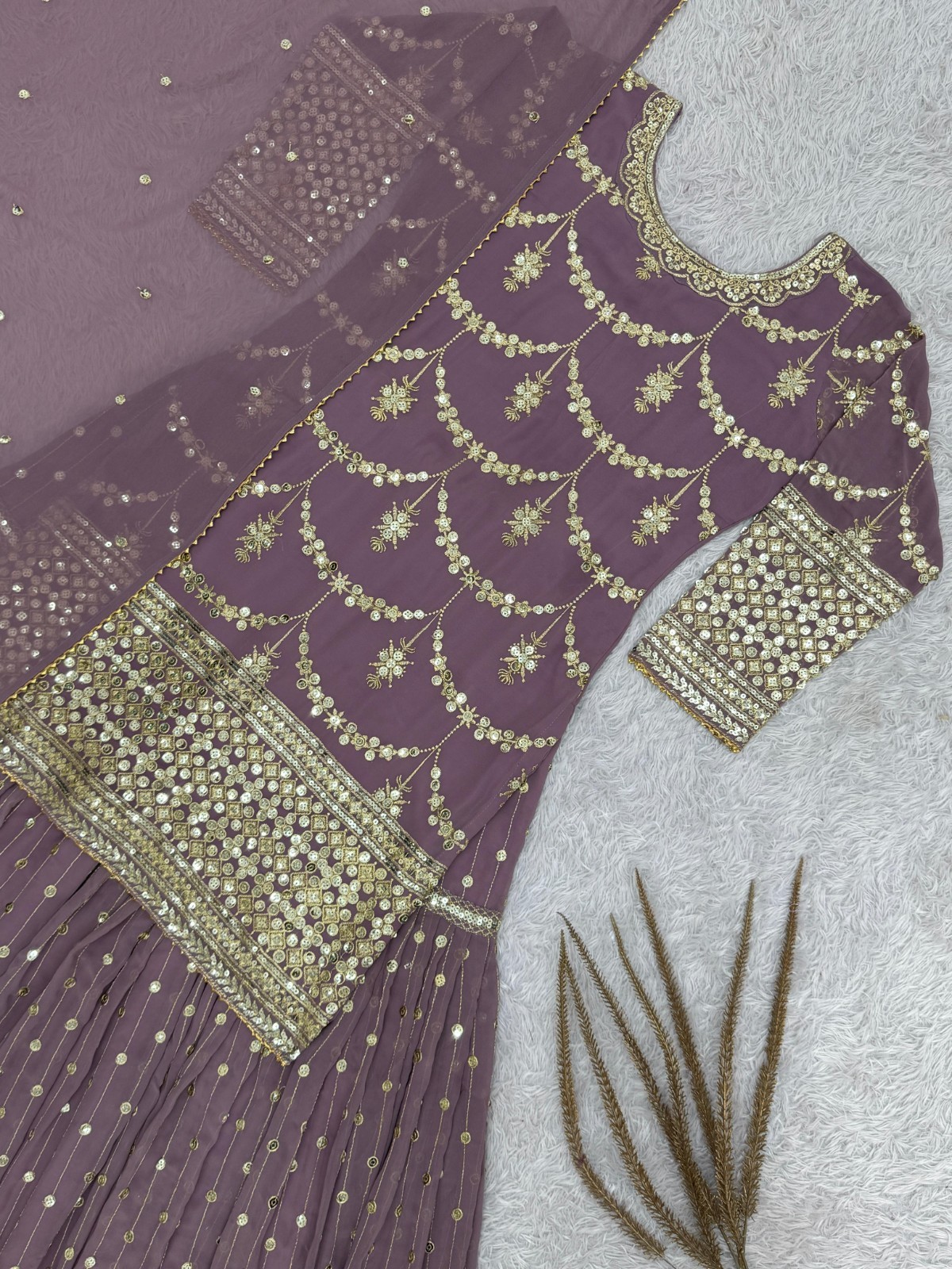 Indian Designer Sharara Suit Dusty Mauve Gold Embroidered Wedding Ready to Wear