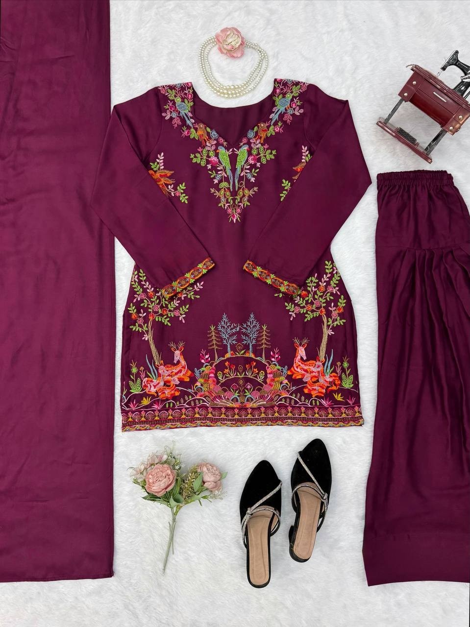 Latest New Wine Reyon Farshi Salwar Kameez With Dupatta For Women