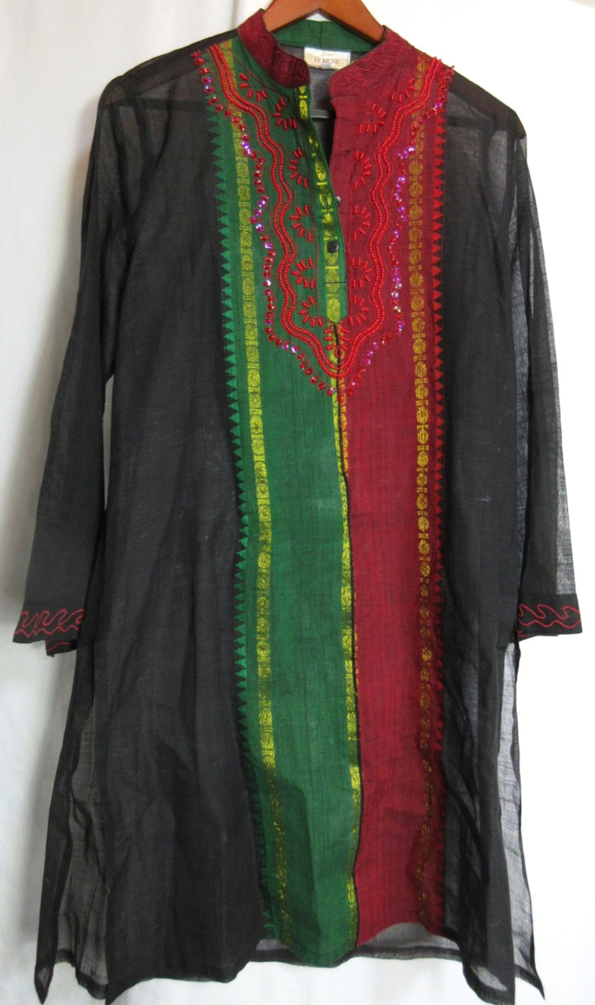 Le Riche Kurta Black Red & Green Unisex South Asian Tunic Metallic SZ XXXL EUC