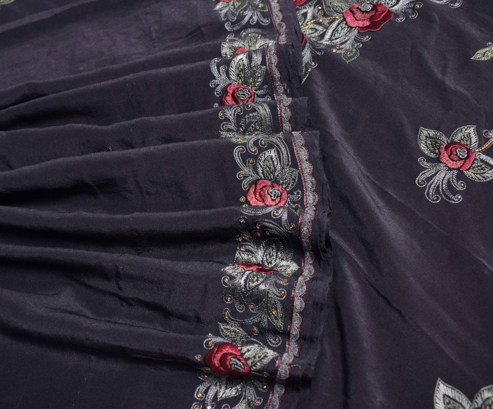 Sushila Vintage HEAVY Black Saree Pure Crepe Silk Hand Embroidered Sari Fabric