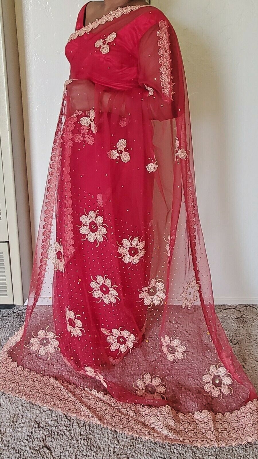 Dark Red Gold Sari, Saree, Red Saree, Dark red Sari, net Saree, Ready Made saree