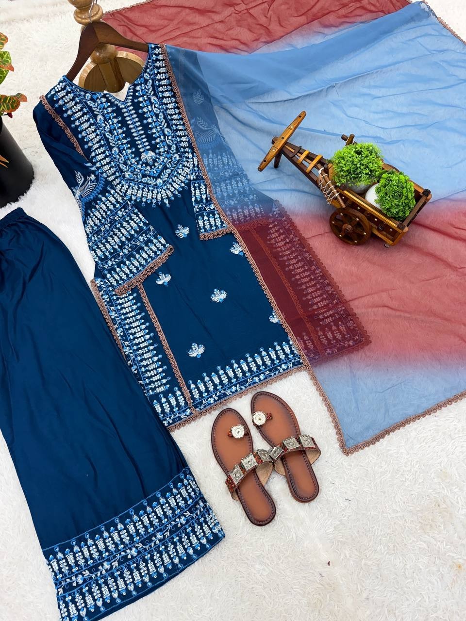 Stylish Look Rayon Cotton Blue Top Palazzo With Dupatta For Function Wear