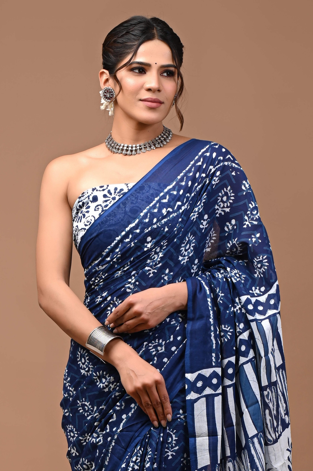 Indian Printed Blue Pure Cotton Mulmul Saree With Blouse, 5.50 Meter Sari Women