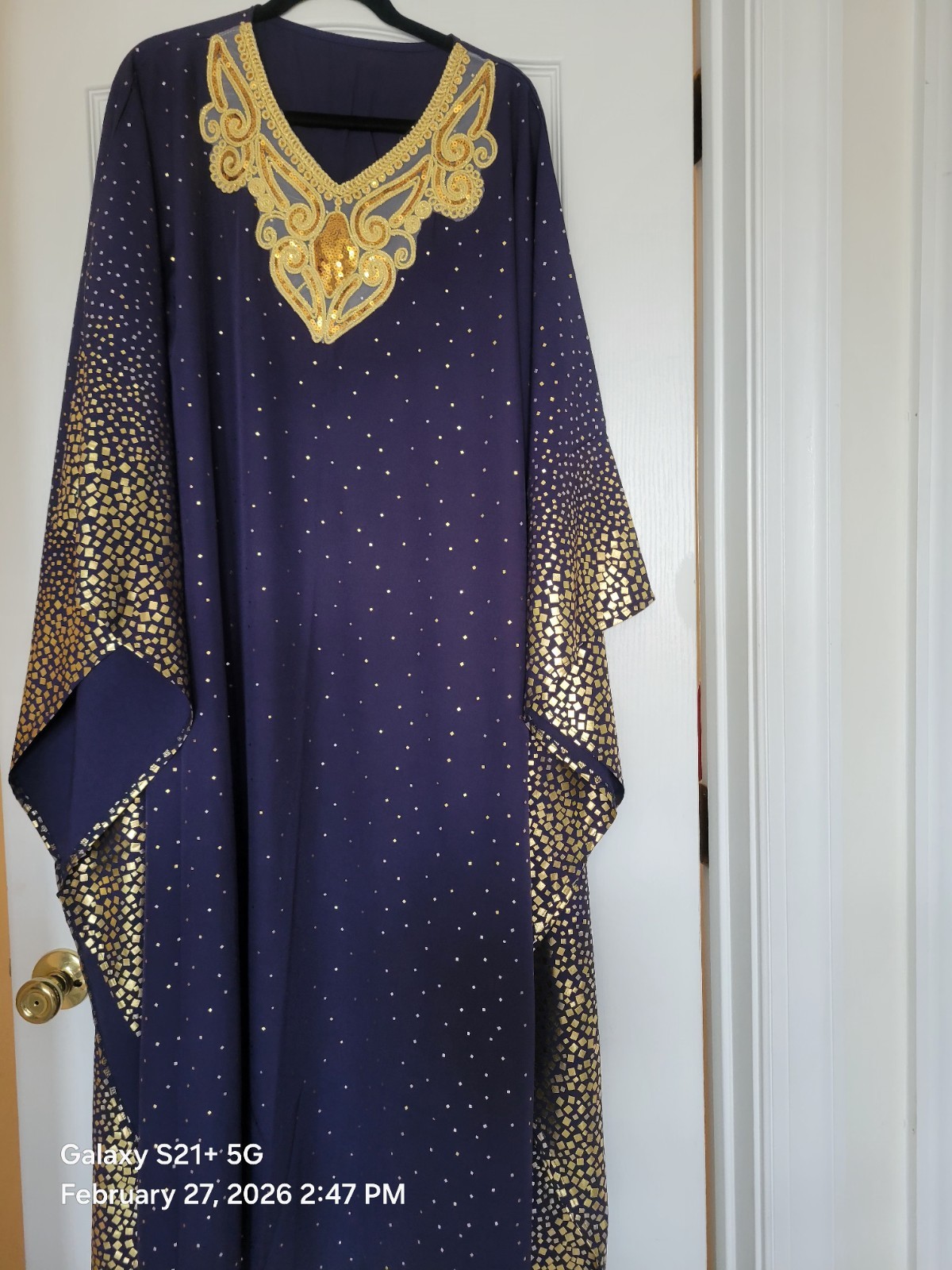Women’s Blue and Gold Kaftan Dress, One Size, Middle Eastern Style