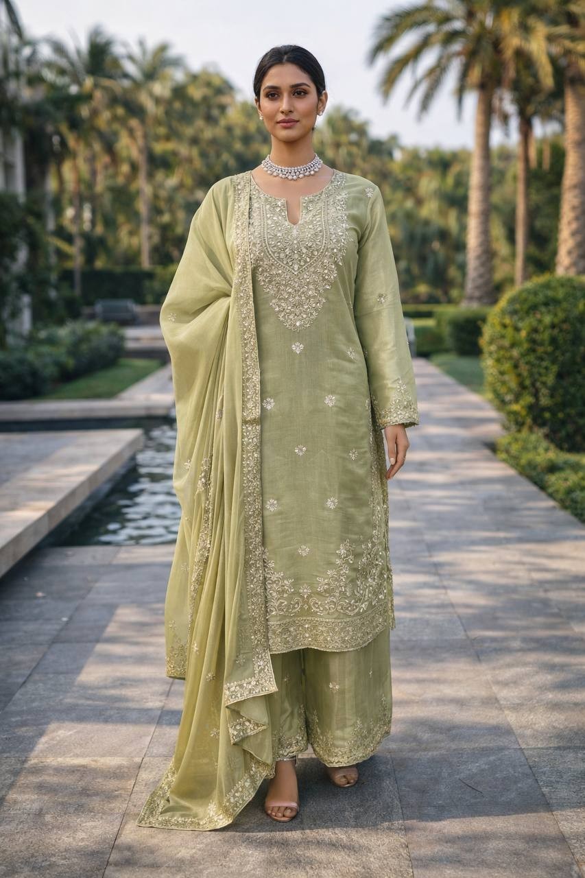 Stylish Heavy Silk Pista Green Top Palazzo With Dupatta For Indian Party Wear