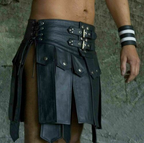 Men Real Leather Gladiator Kilt With FREE Wrist Band Utility Club wear Kilt