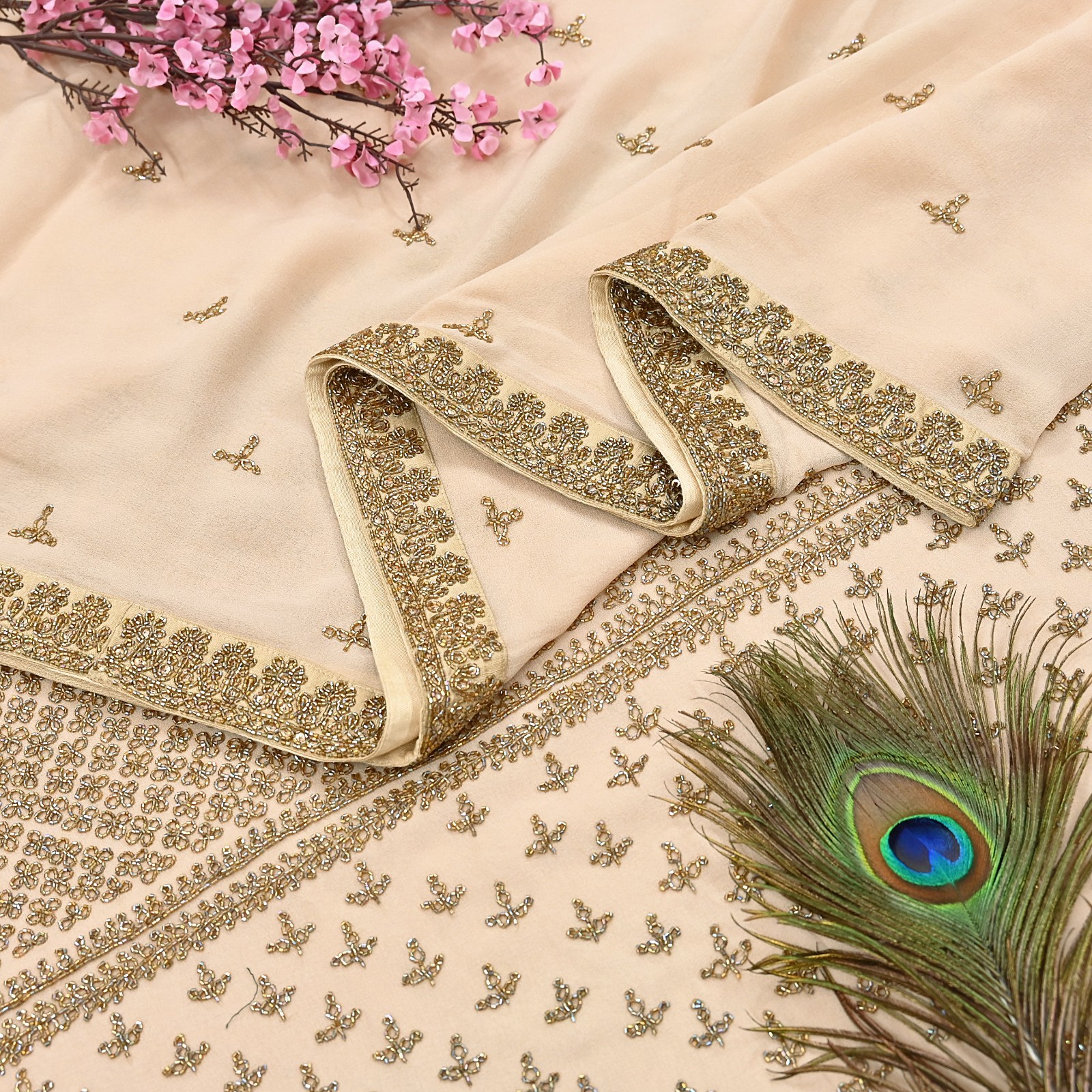Rare Vintage Beige Georgette Silk Hand Embroidered Designer Sabyasachi Saree 6yd