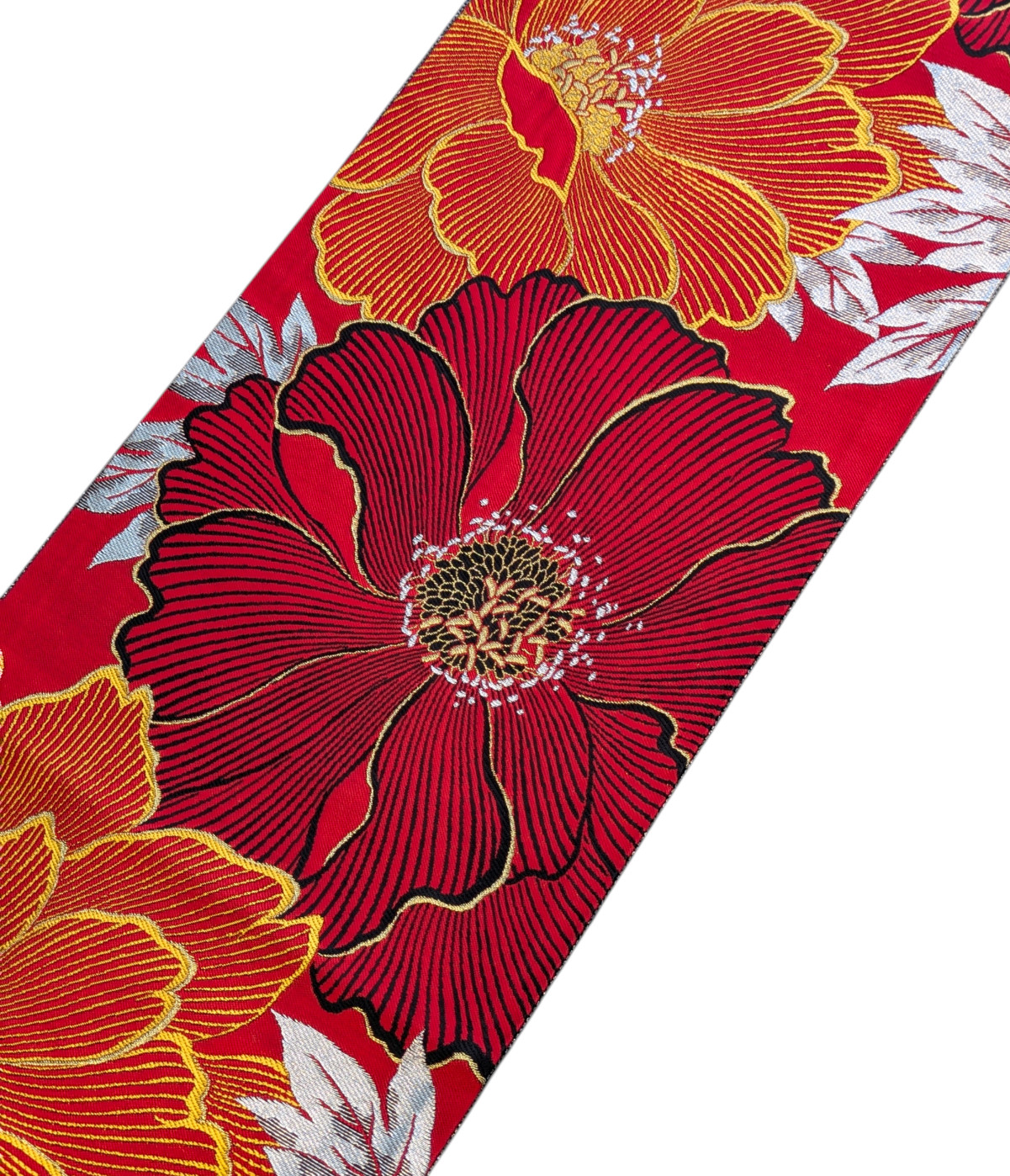 Authentic Japanese Kimono Silk Furisode Obi Red Gold Silver Floral Textile Art