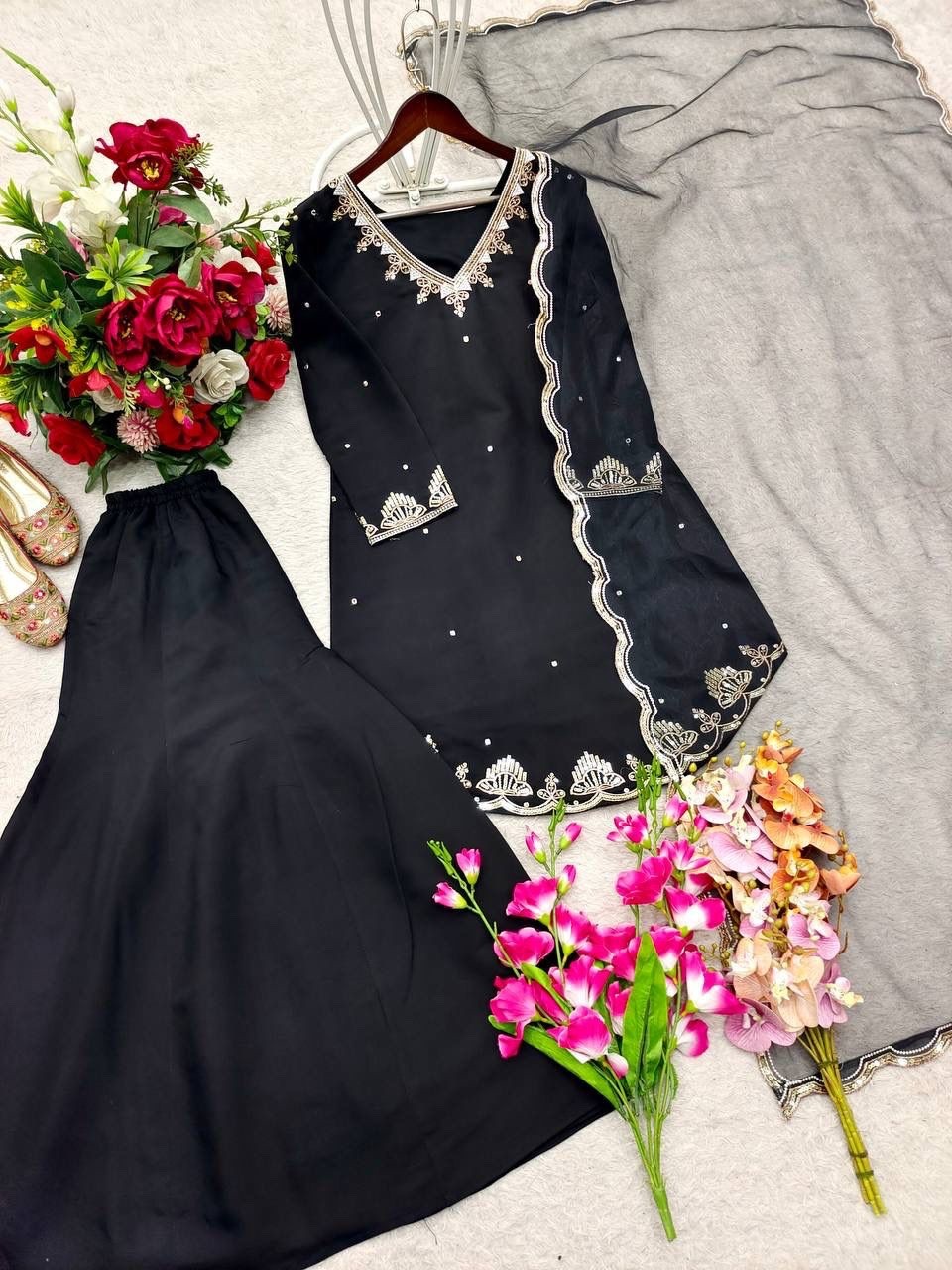 Designer black palazzo suit dupatta set for women festive and party wear