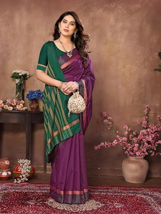 Women’s Striped Pattern Cotton Silk Saree and Unstitched Blouse Piece
