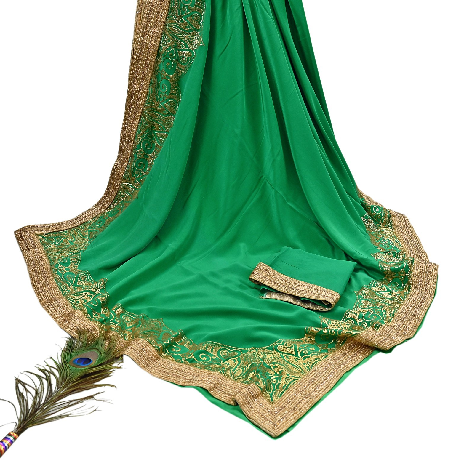 Rare Vintage Green Pure Crepe Silk Saree Embroidered Fabric 6Yard Sari Bollywood