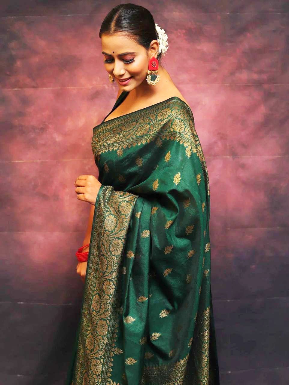 Wedding Wear Green Lichi Silk Saree with Golden Jacquard Pallu & Blouse indian